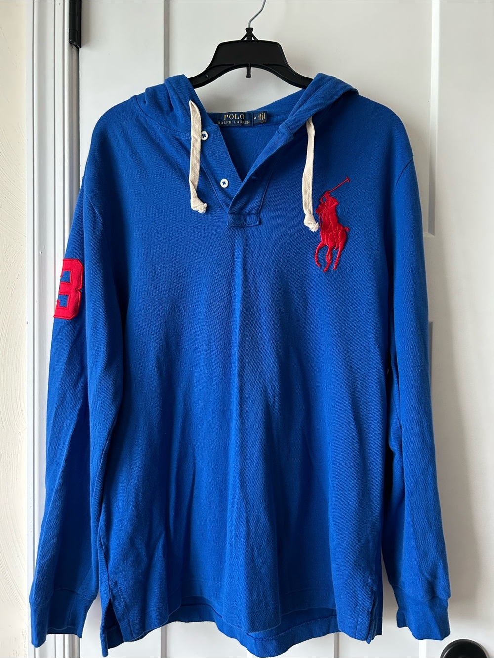 Ralph Lauren Blue Hooded Polo Shirt with Red Pony Logo